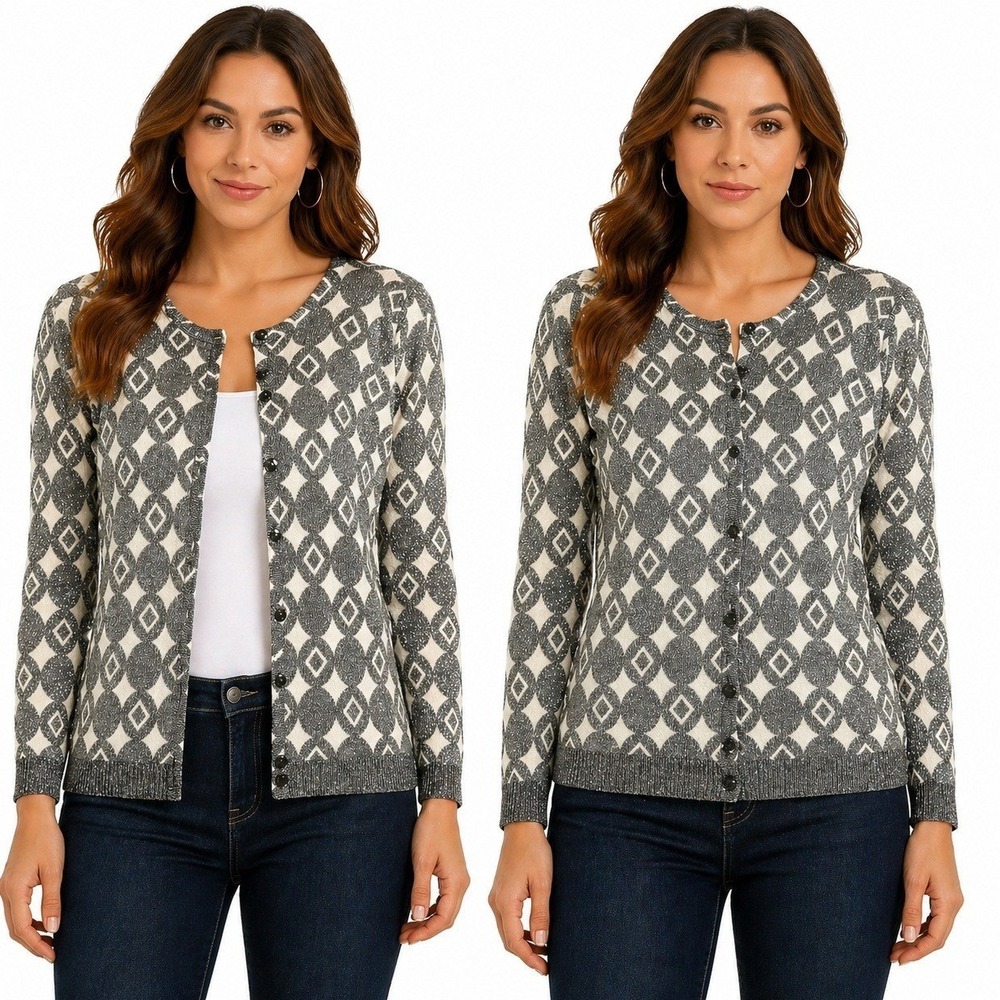 Joseph A. Sweater Womans Medium Metallic Cardigan Silver Black Diamond Print‎